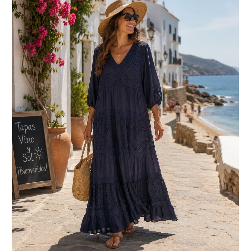 Johnny Was Jade Dress L Yoko Eyelet Maxi No Slip Cover Up Resort Wear 100% Rayon